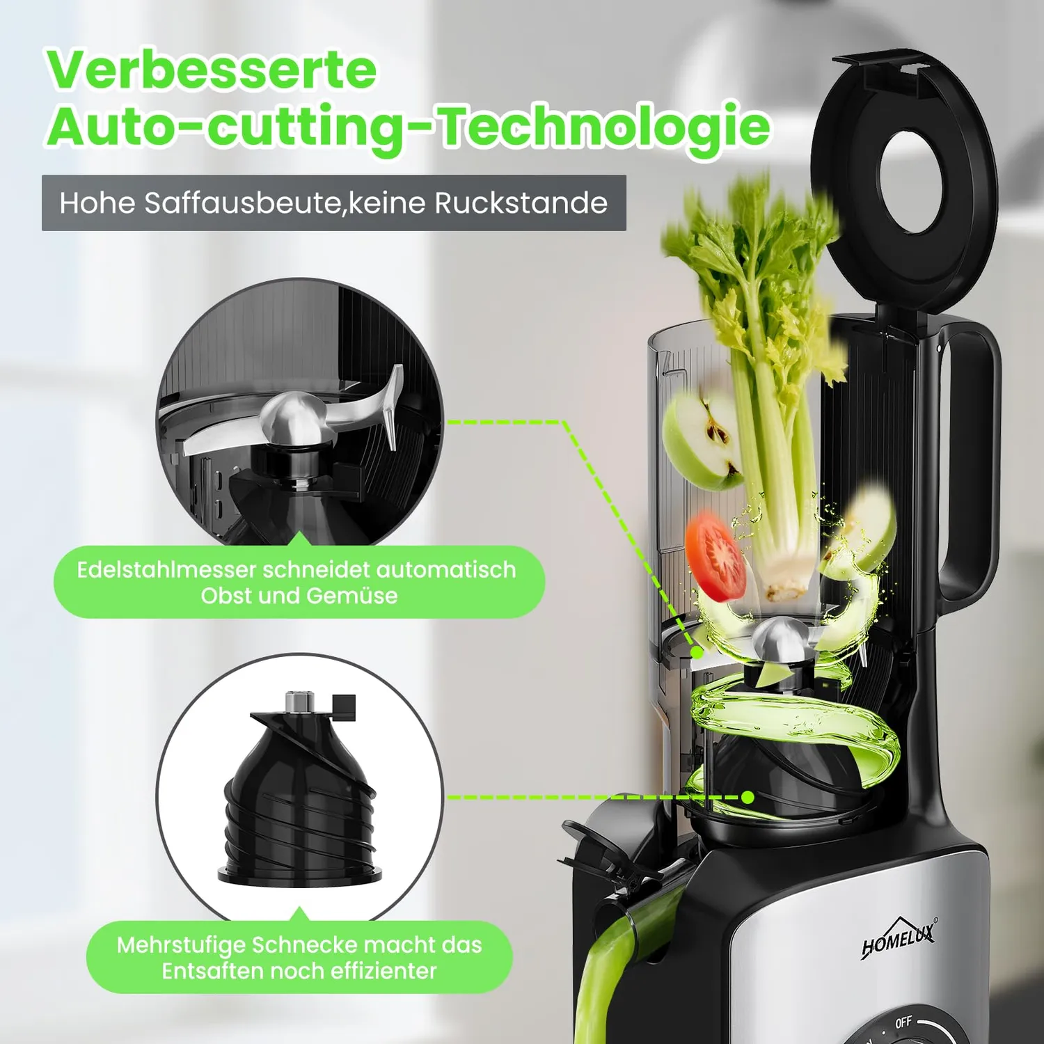 HOMELUX Slow Juicer 220W Entsafter Silber 126 mm kaltpressend