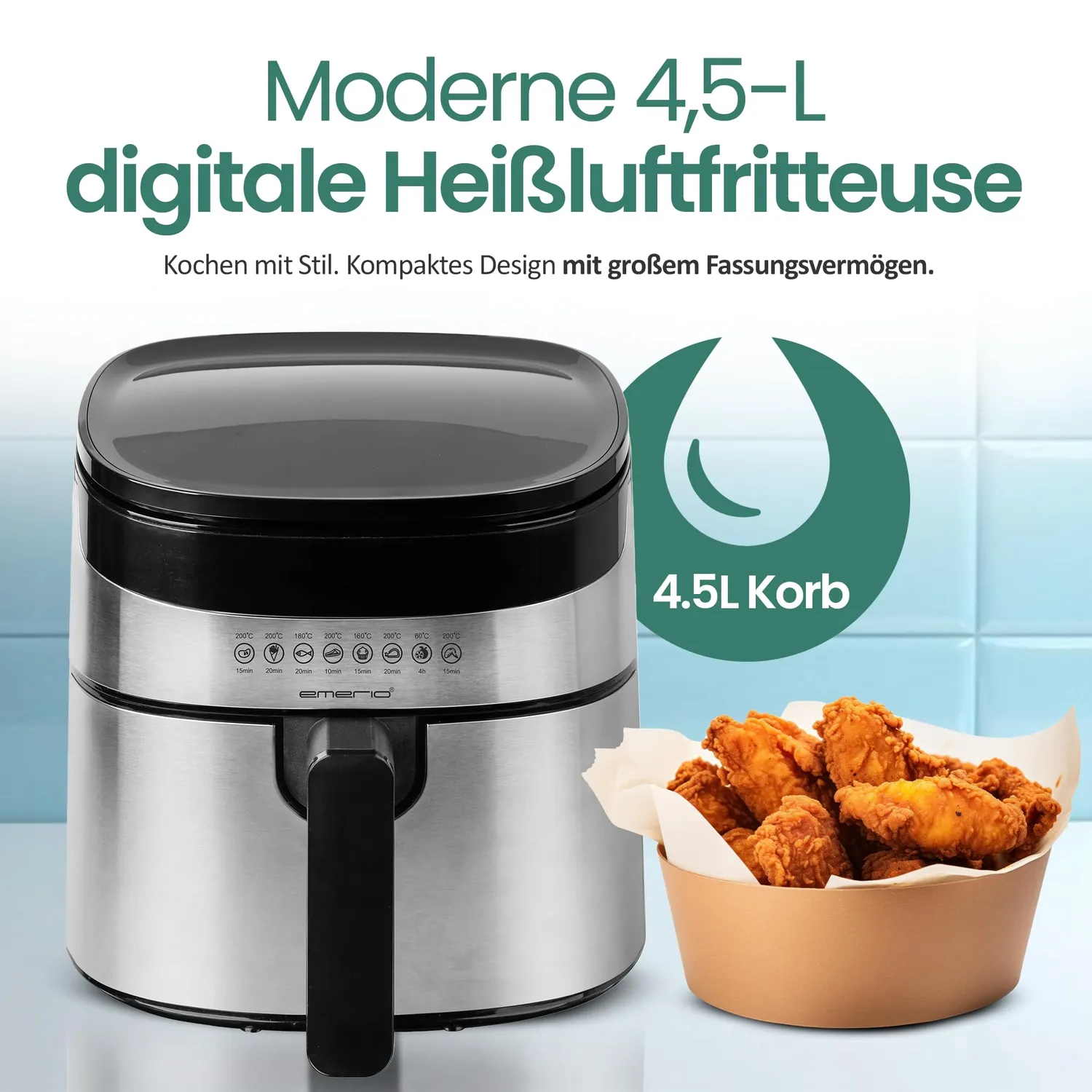 Emerio AF-129084 Heißluftfritteuse 4,5L INOX 1300W