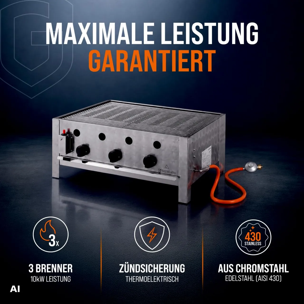 GastroHero TBG3-T Tischbräter Gas 10 kW 3 Brenner