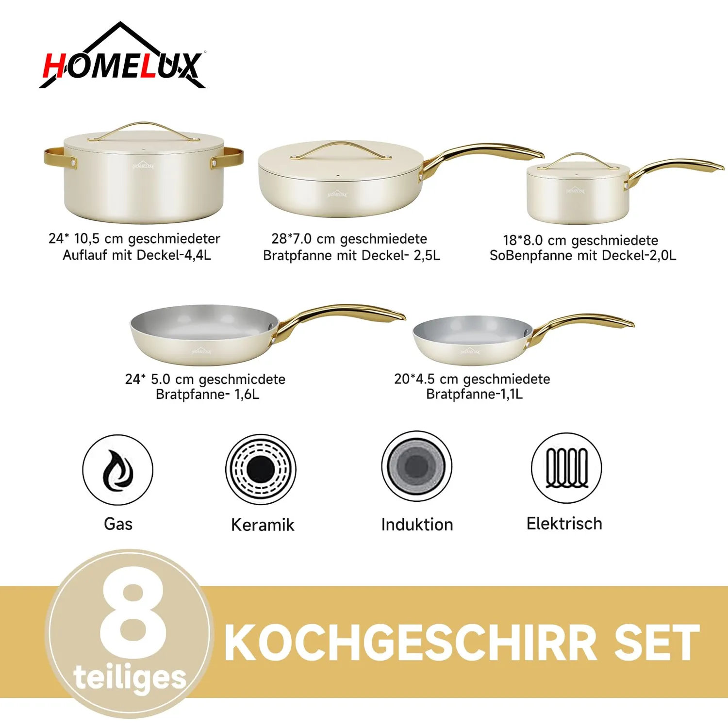 HOMELUX Topfset Induktion 8-teilig weiß-gold Antihaft