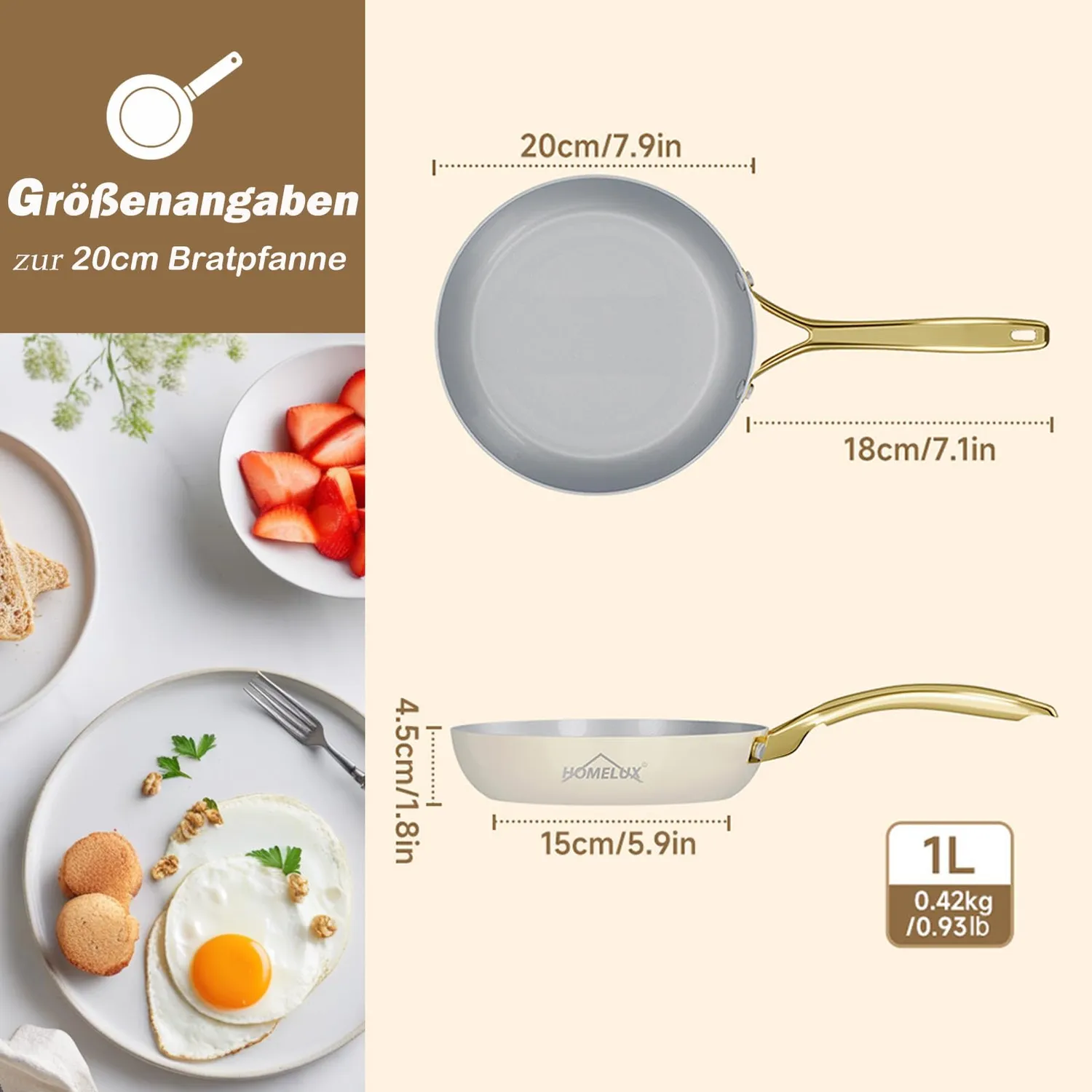 HOMELUX Keramikpfanne 20cm Induktion Antihaft 1L Goldgriff
