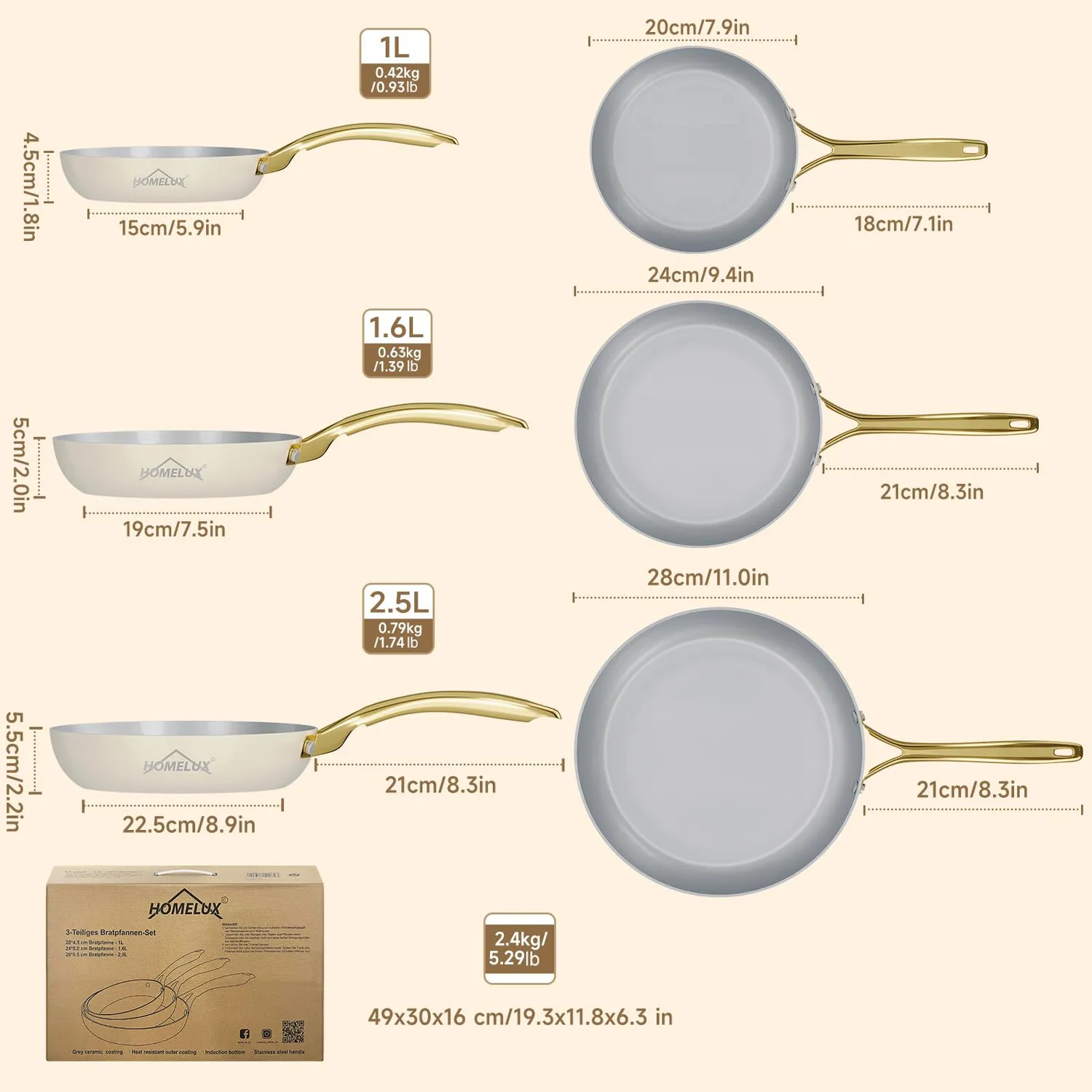 HOMELUX Pfannenset 20/24/28cm Induktion Keramik 3-teilig