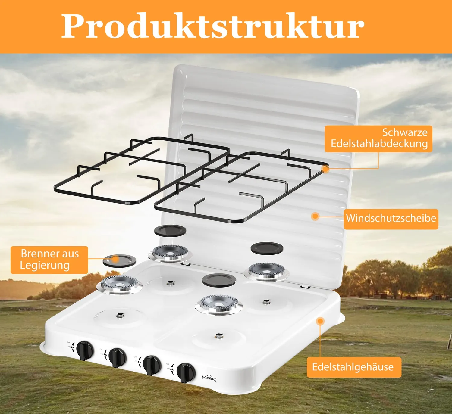 HOMELUX Campingkocher 4-flammig Gaskocher 6,2kW weiß mit Schlauch