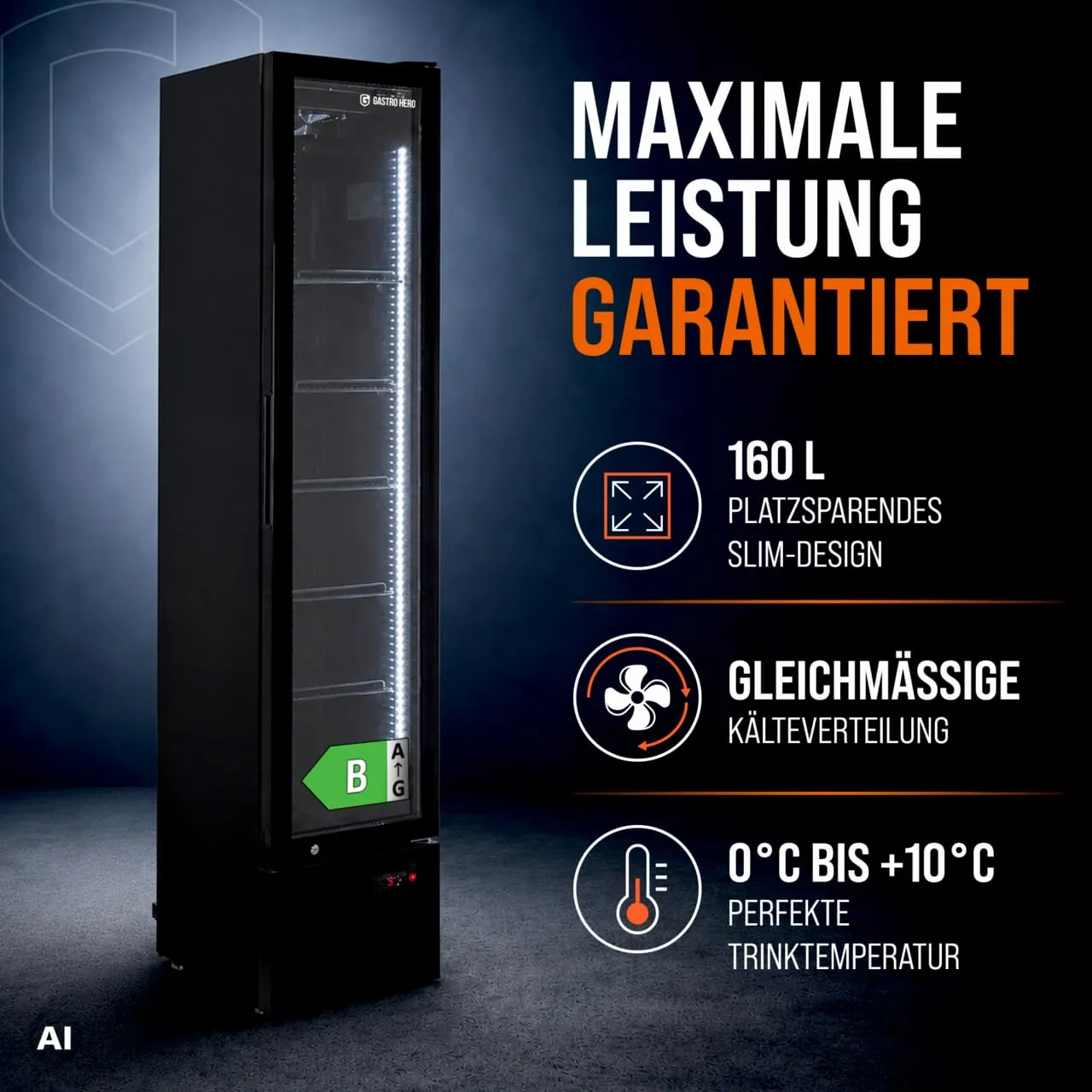 GastroHero GKS-160 Getränkekühlschrank 160L Schwarz Glastür