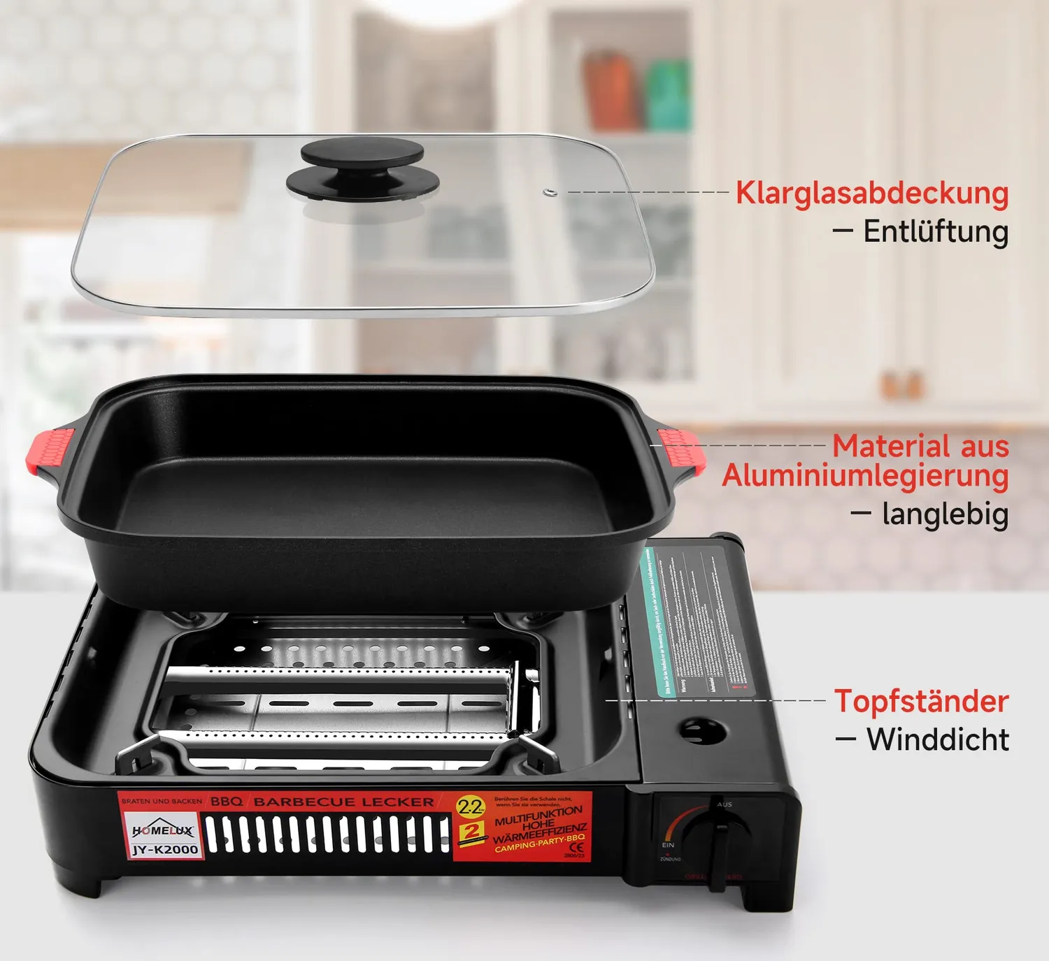 HOMELUX Camping Gasgrill 2,2kW mit Grillpfanne Glasdeckel