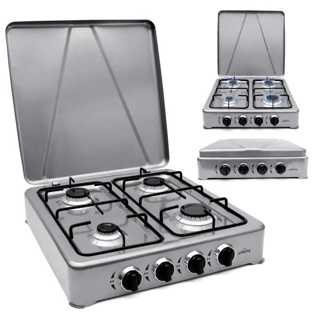 Homelux Gaskocher 6,2 kW 4-flammig Silber mit Deckel Outdoor