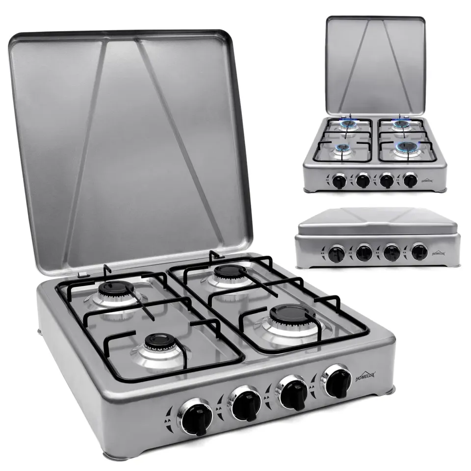 Homelux Gaskocher 6,2 kW 4-flammig Silber mit Deckel Outdoor