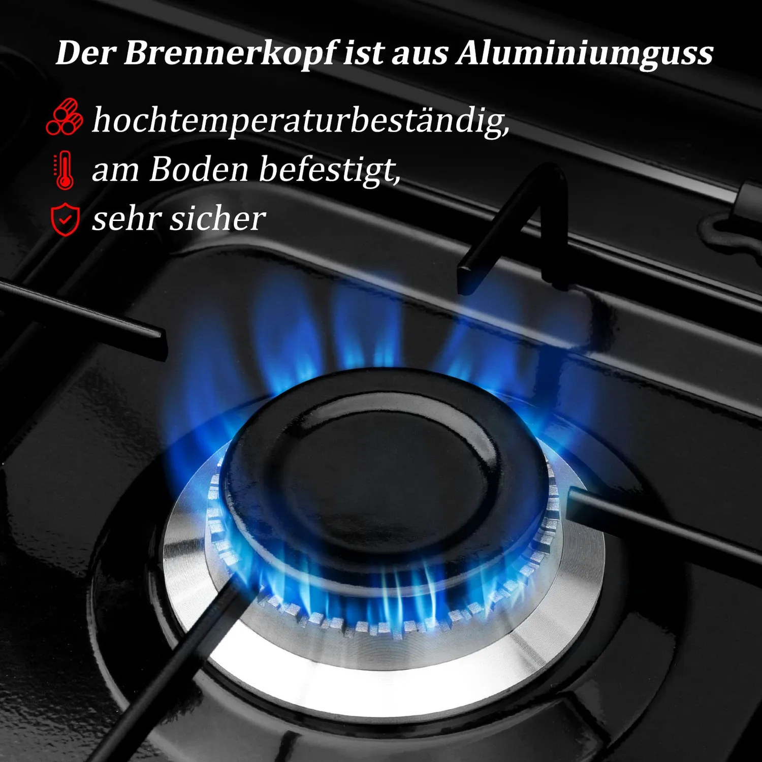 HOMELUX 6,2 kW Gaskocher 4-flammig Schwarz mit Deckel