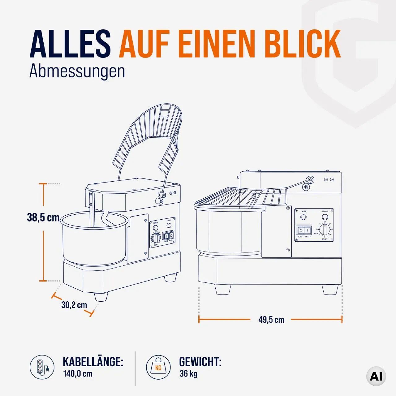 GastroHero TKM-ECO8 Teigknetmaschine 8L Weiß fester Kopf