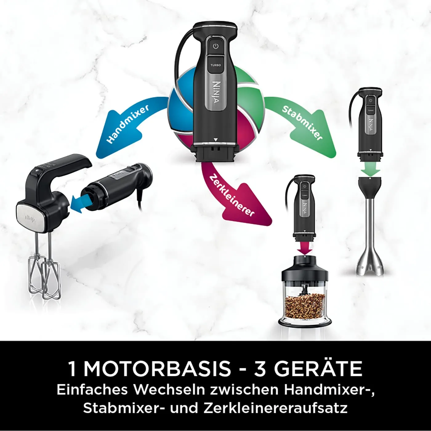 Ninja Foodi 3-in-1 Stabmixer CI100EU 850W Schwarz mit Zerkleinerer