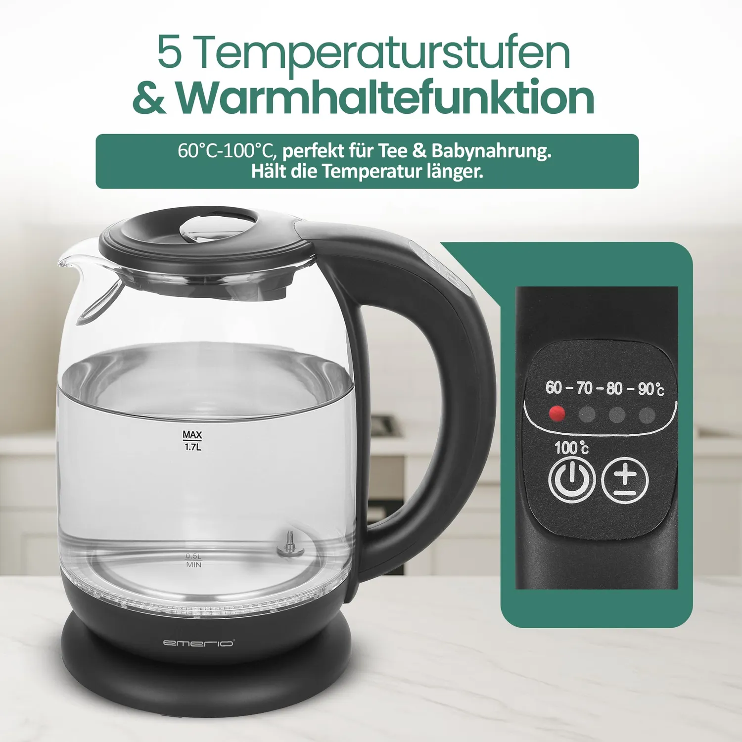 Emerio WK-119255.5 Wasserkocher Glas 1,7L mit Temperaturwahl
