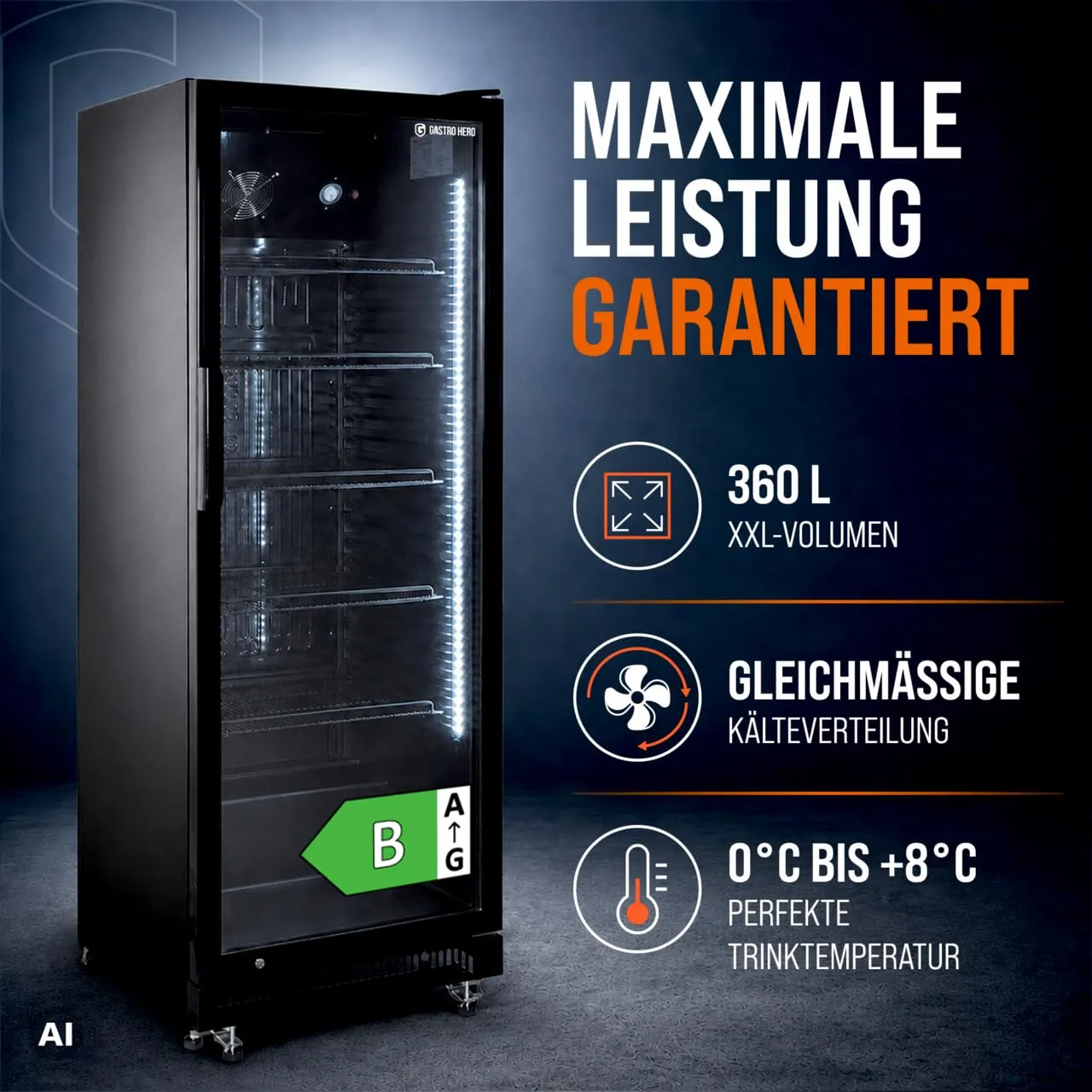 GastroHero GKSE360 Getränkekühlschrank 360L Schwarz
