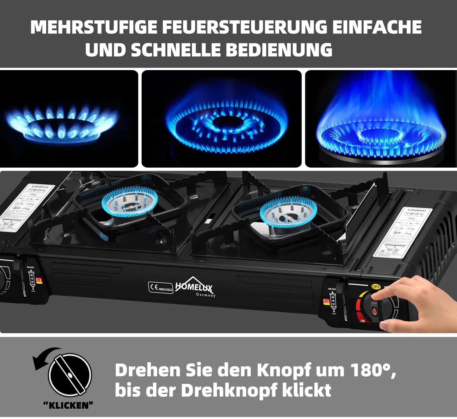 HOMELUX Gaskocher 2-flammig 2x2,5 kW mit Kartuschen