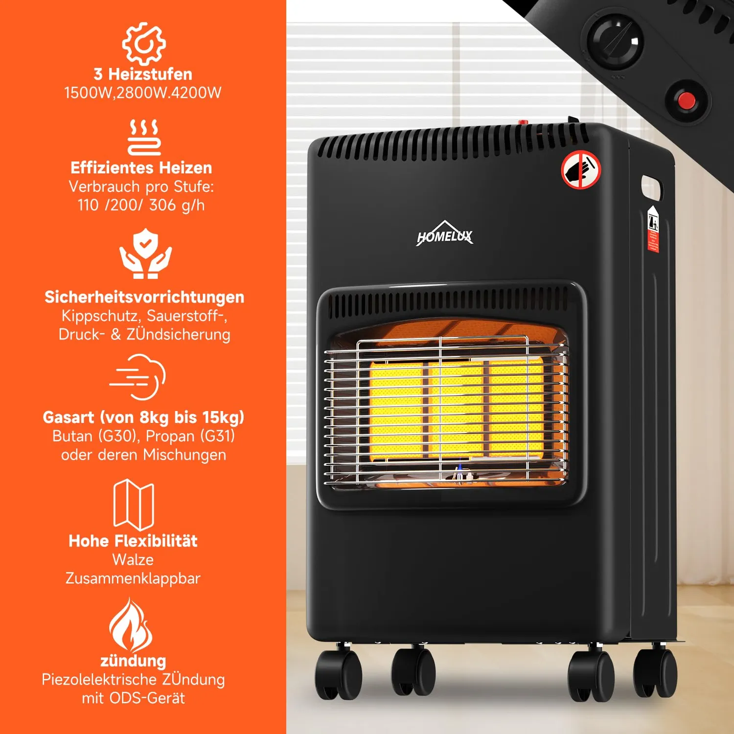 HOMELUX 4200 W Gasheizung Innenraum 82 m³ 3-stufig