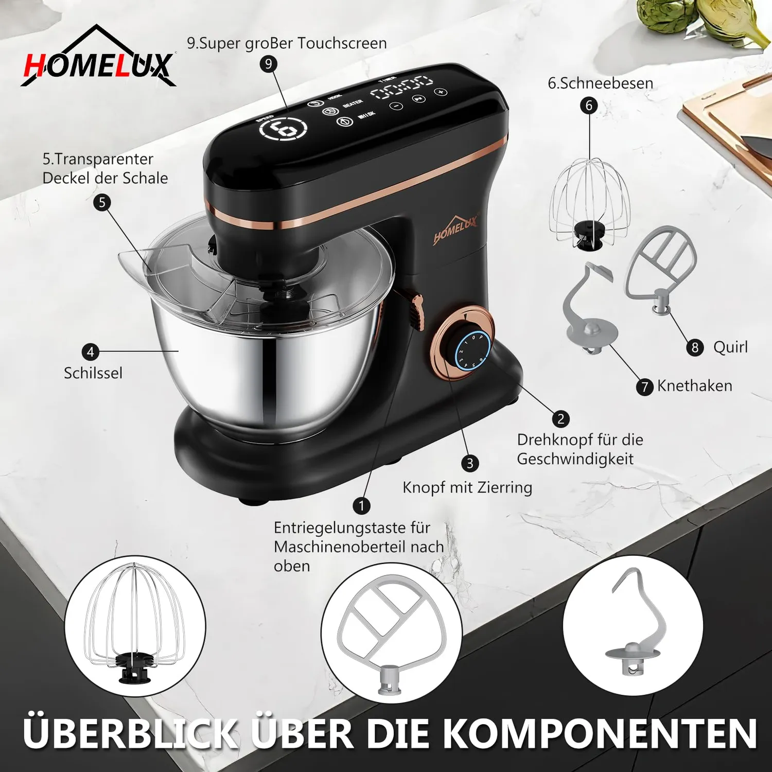 HOMELUX Küchenmaschine 1800 W 8 Liter 6-stufig