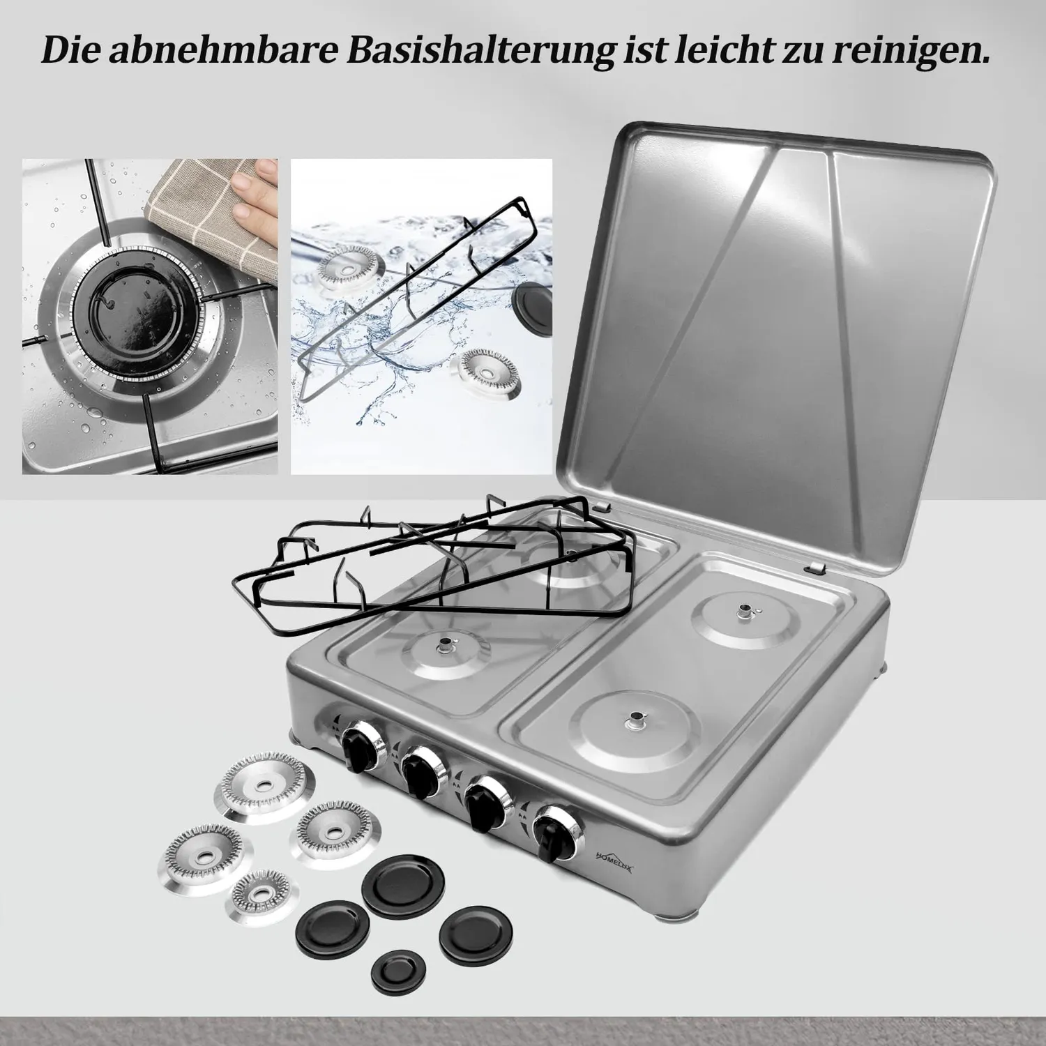 Homelux Gaskocher 6,2 kW 4-flammig Silber mit Deckel Outdoor