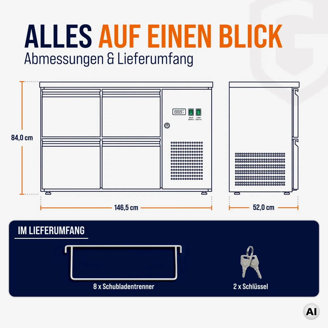 GastroHero BKT-ECO0/4 Barkühltisch 332L schwarz 4 Schubladen