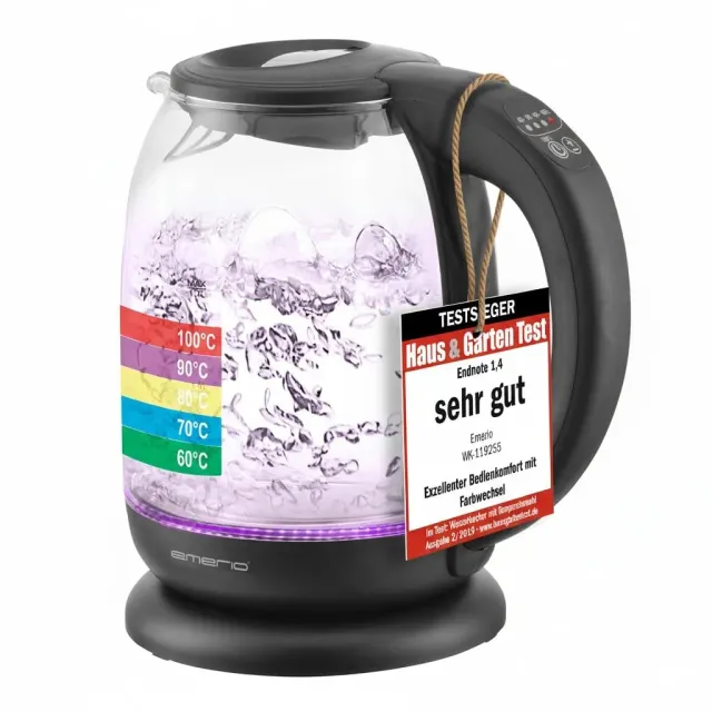 Emerio WK-119255.5 Wasserkocher Glas 1,7L mit Temperaturwahl