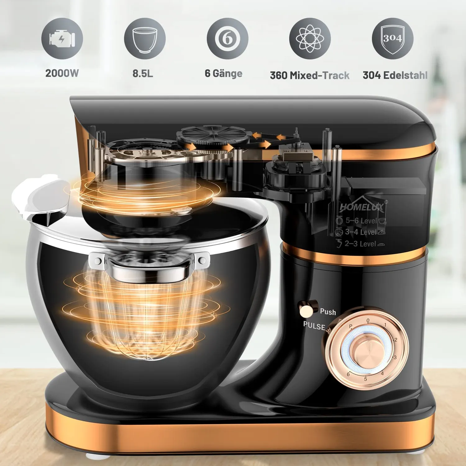 HOMELUX Küchenmaschine 626 Black 8,5L 2000W 6-stufig