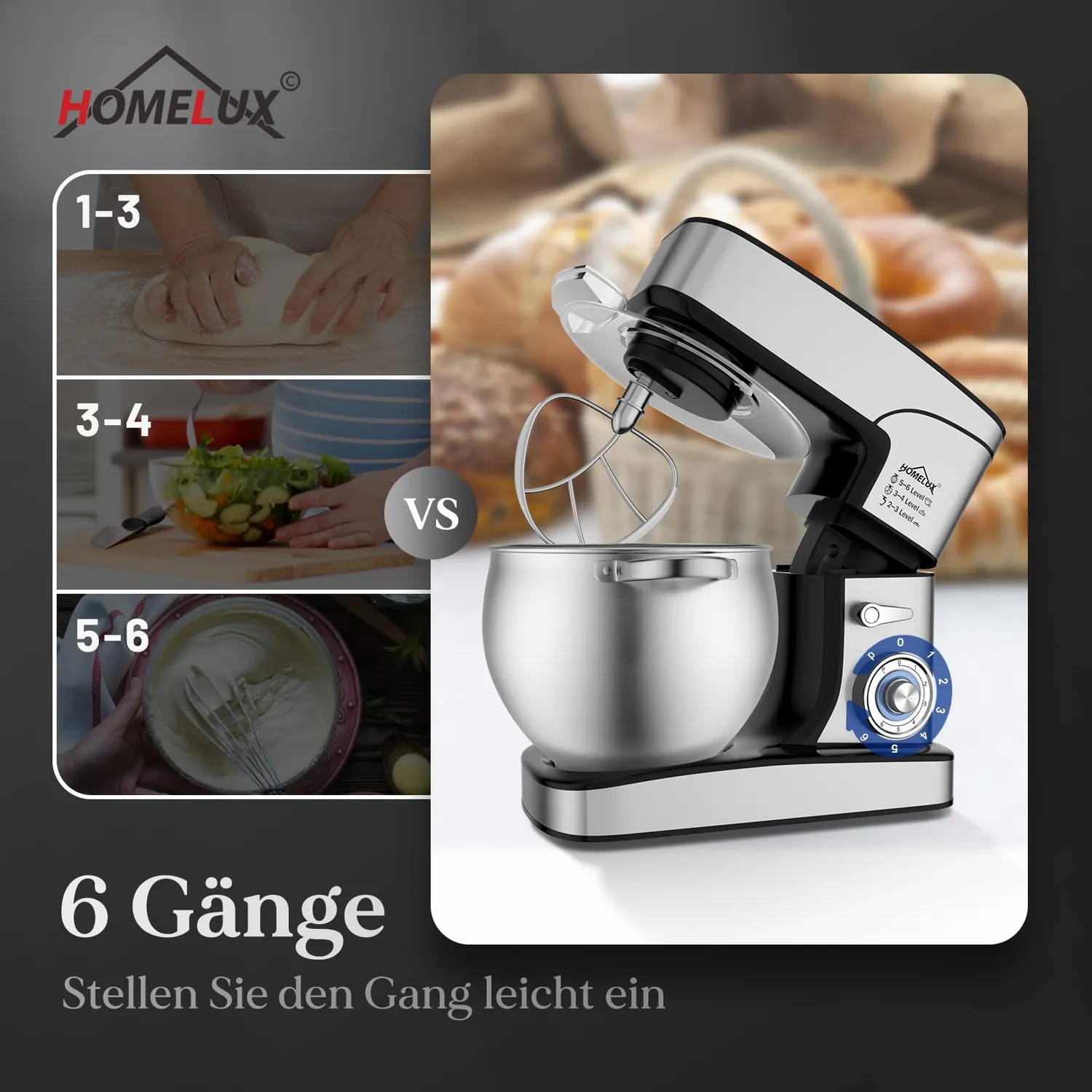 HOMELUX Küchenmaschine 2500W 12 L Edelstahl 6-stufig
