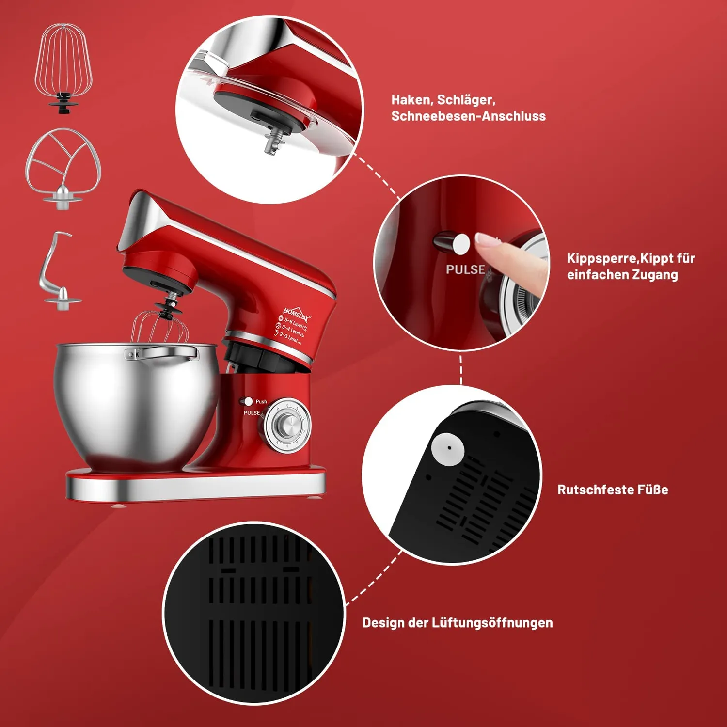 Homelux 626 Red Küchenmaschine 8,5 L 2000 W