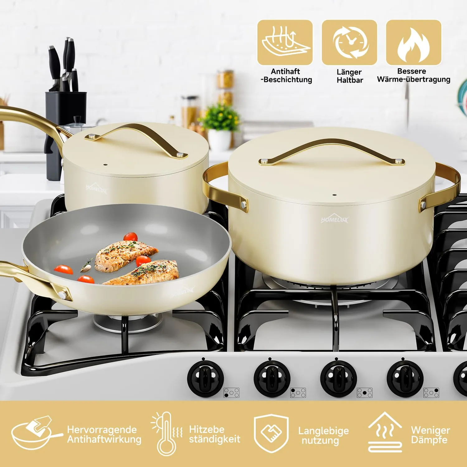 HOMELUX Topfset Induktion 8-teilig weiß-gold Antihaft