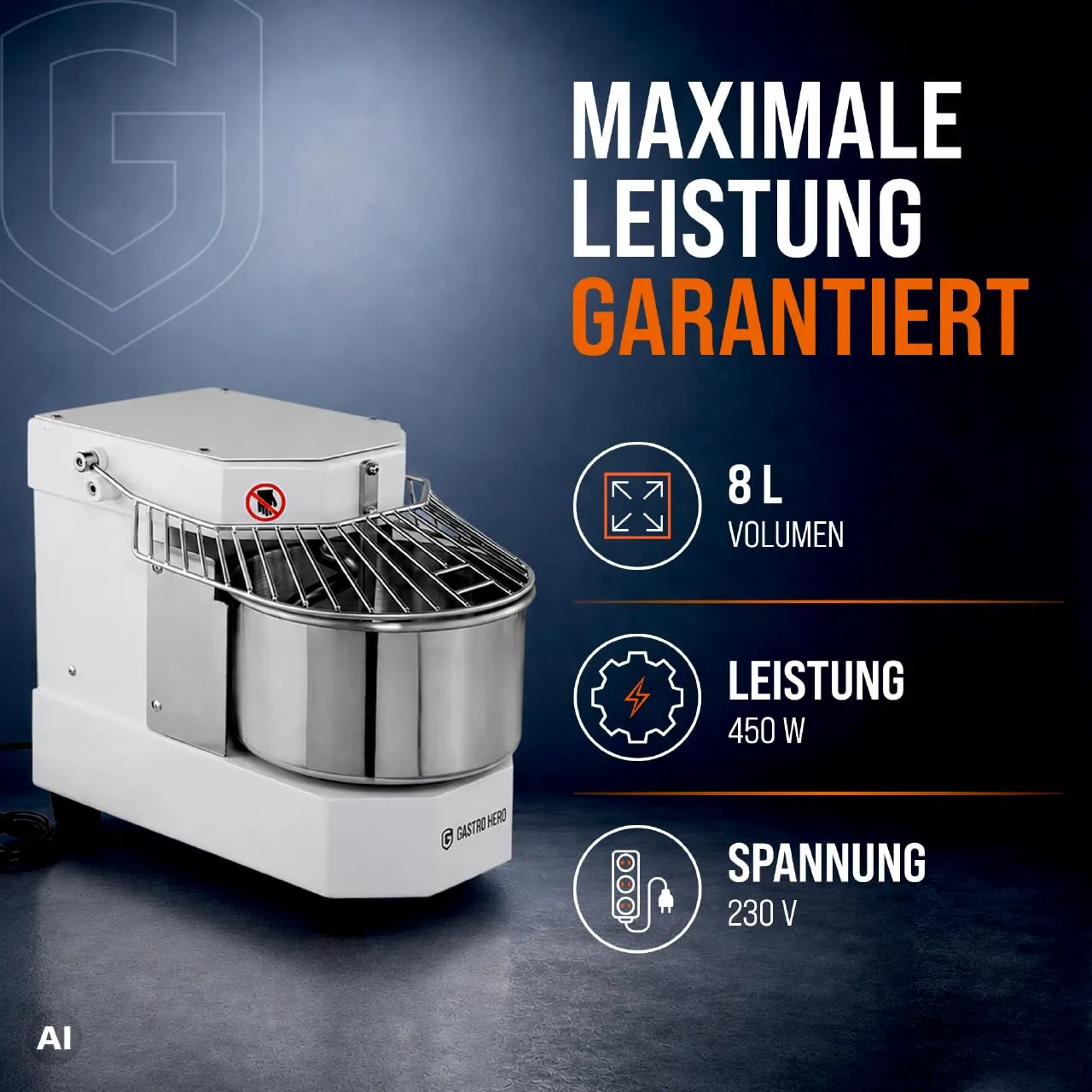 GastroHero TKM-ECO8 Teigknetmaschine 8L Weiß fester Kopf