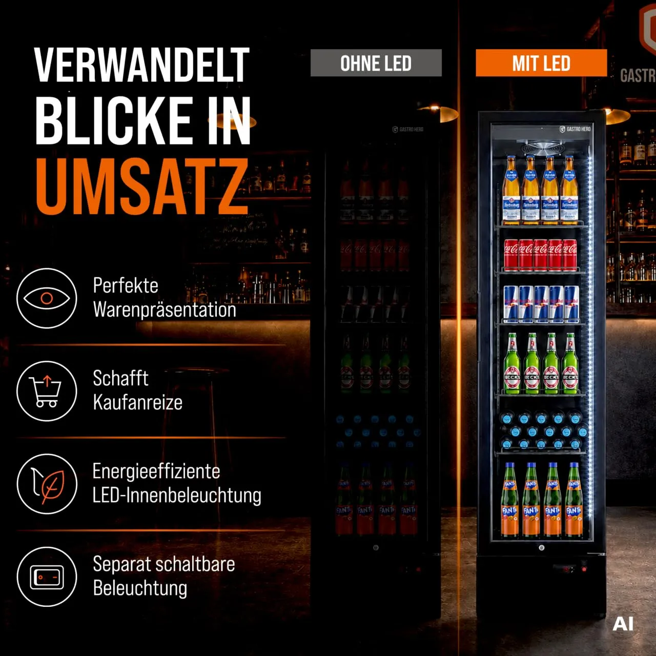 GastroHero GKS-160 Getränkekühlschrank 160L Schwarz Glastür