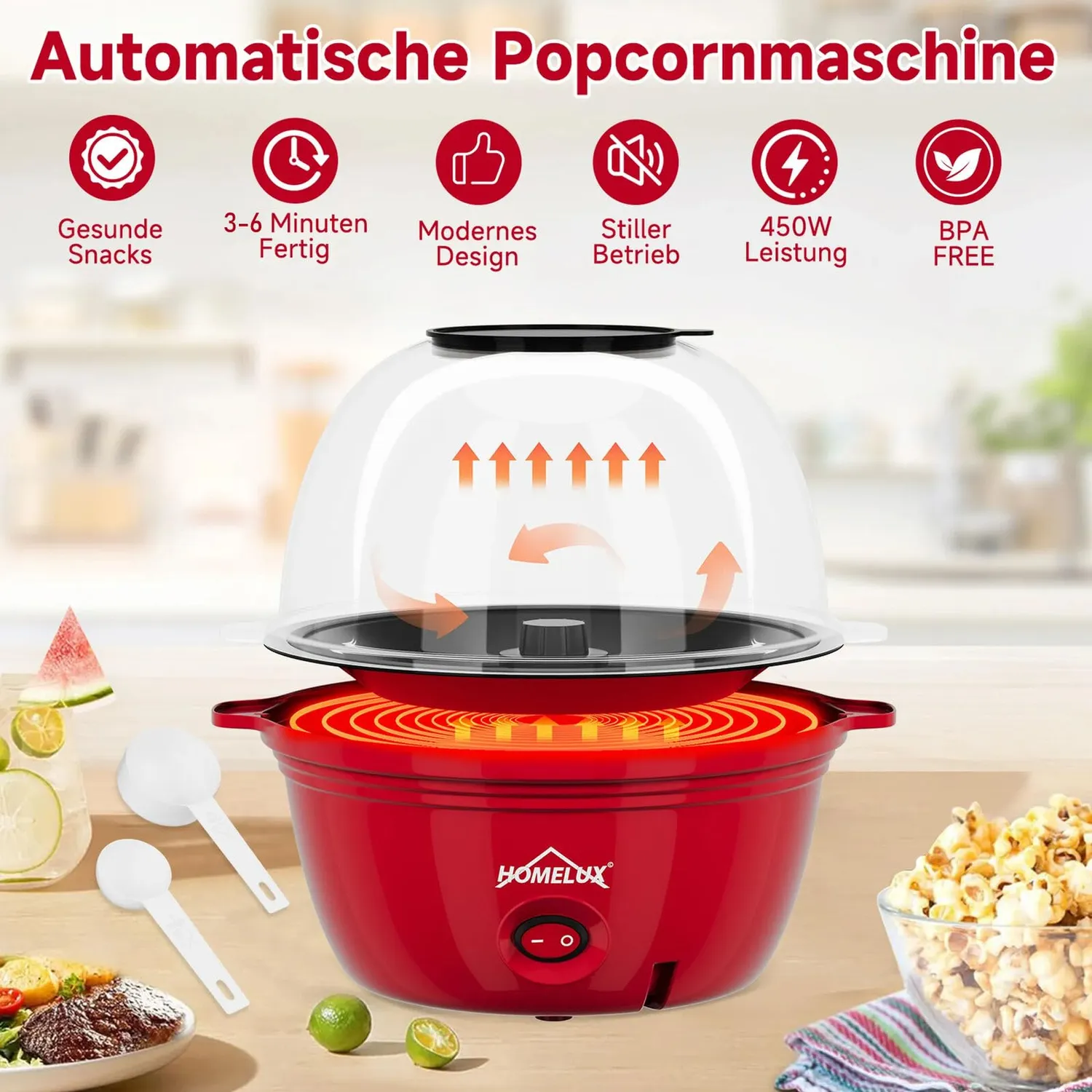 HOMELUX Mini Popcornmaschine 450W 2,5L Antihaft mit Messlöffel
