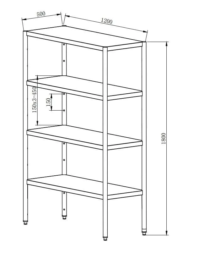 GastroHero RR-BASIC1250 Edelstahlregal 120x50x180 4 Böden