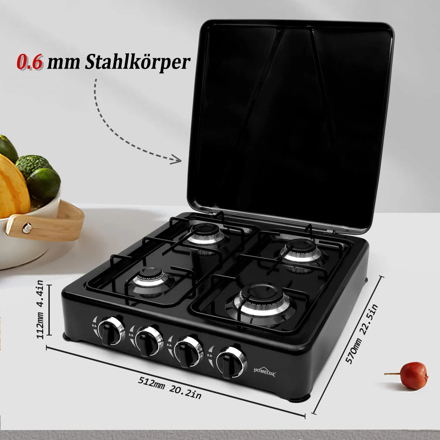 HOMELUX 6,2 kW Gaskocher 4-flammig Schwarz mit Deckel