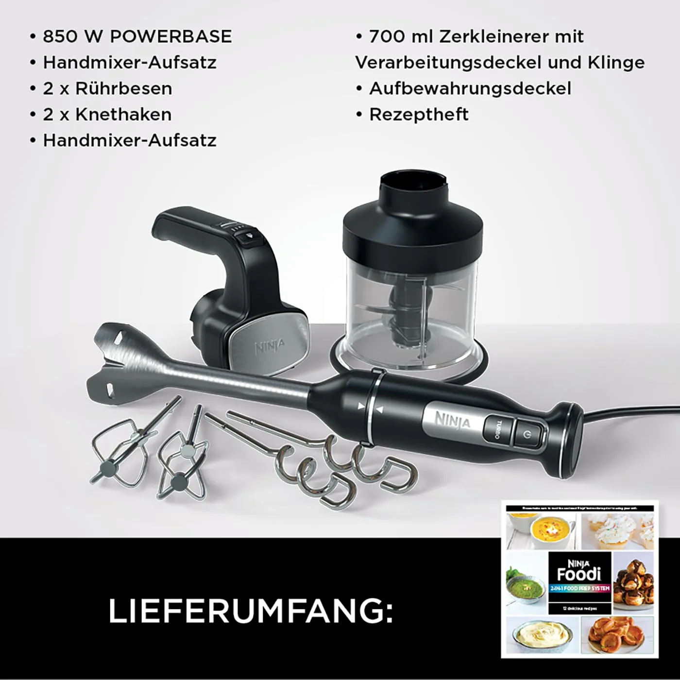 Ninja Foodi 3-in-1 Stabmixer CI100EU 850W Schwarz mit Zerkleinerer