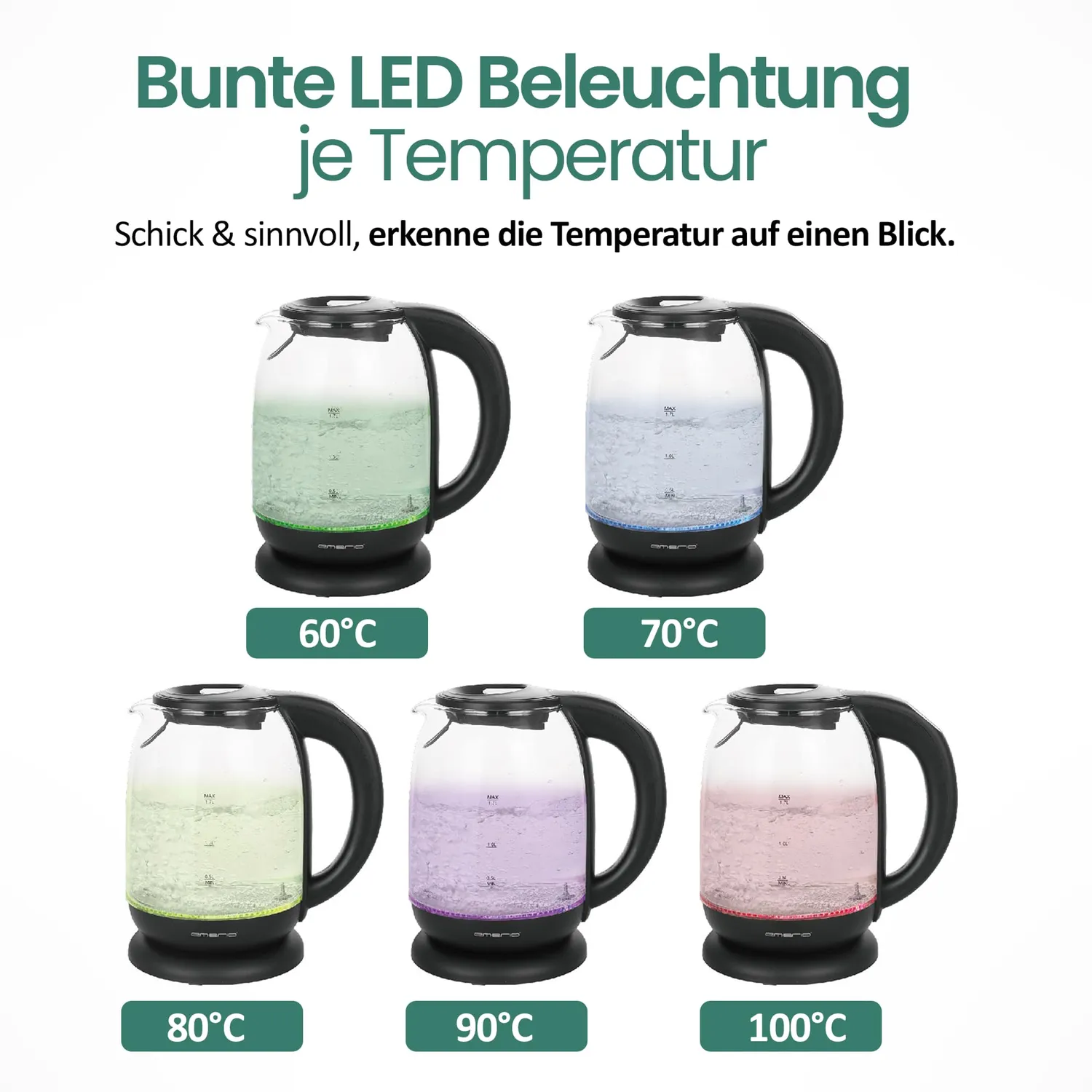 Emerio WK-119255.5 Wasserkocher Glas 1,7L mit Temperaturwahl